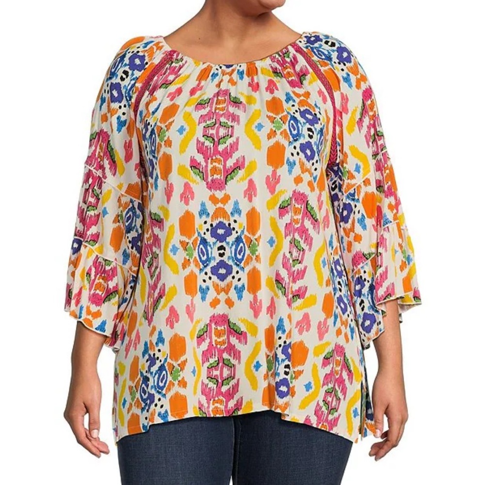 New Calessa 3X Tunic Top Blouse Women Boho Aztec Geometric Lace 3/4 Sleeve